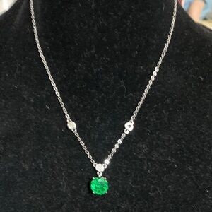 Elegant Crystal & Silver Necklace with Emerald Green Pendant 17- inches